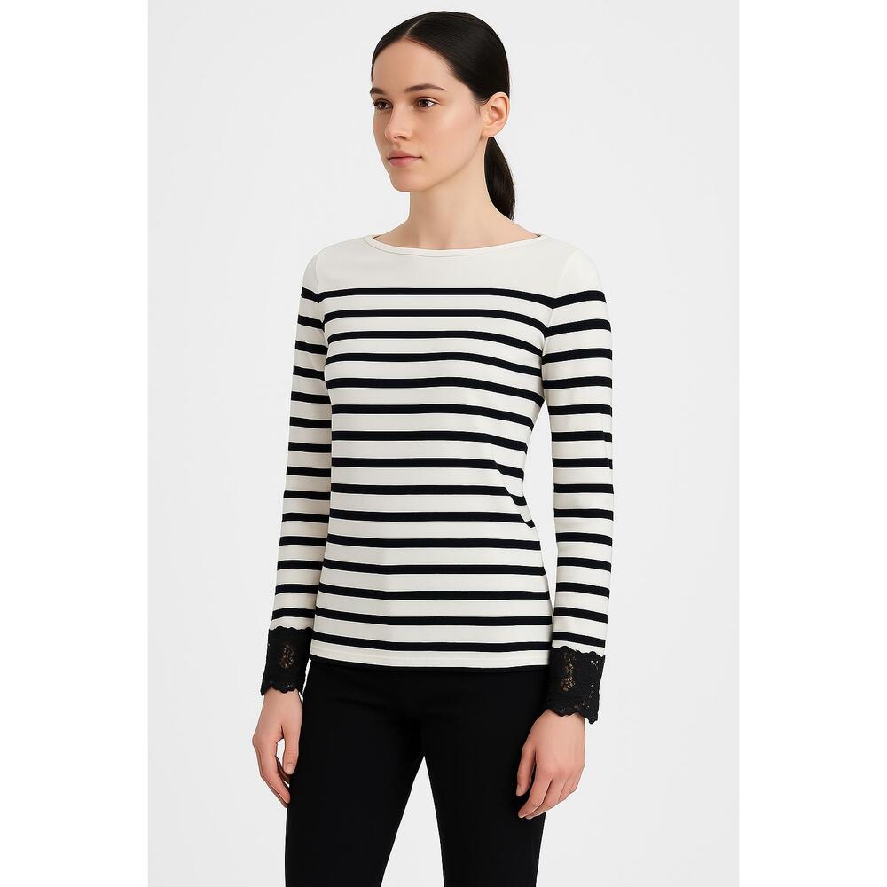 RHIE Top Womens Extra Small Black White Striped Long Sleeve Embroidered Crew